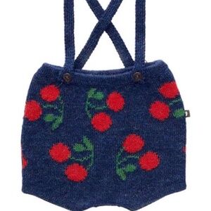 Oeuf 2Y knit baby alpaca shorts with suspenders in indigo blue with cherries